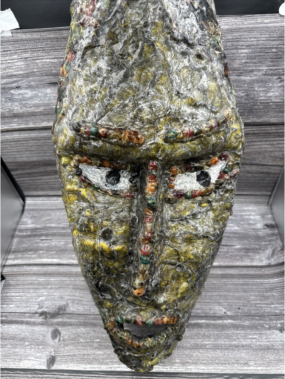 Vintage Art Face Multicolor African Hanging Artist Signed Cultural Mosaic 18” T